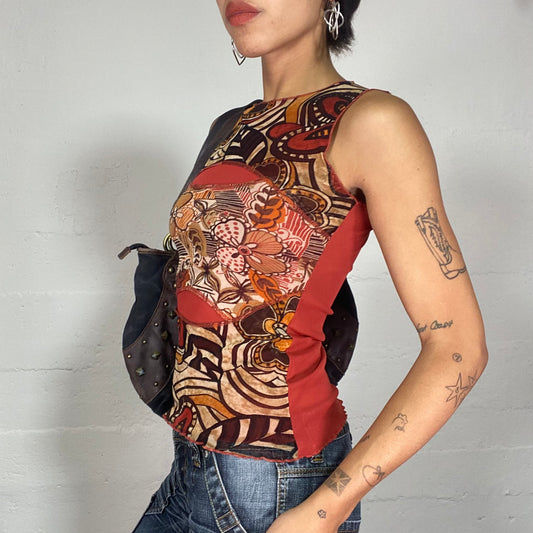 Vintage 90's Boho Orange High Neck Top with Leaf Print (S)