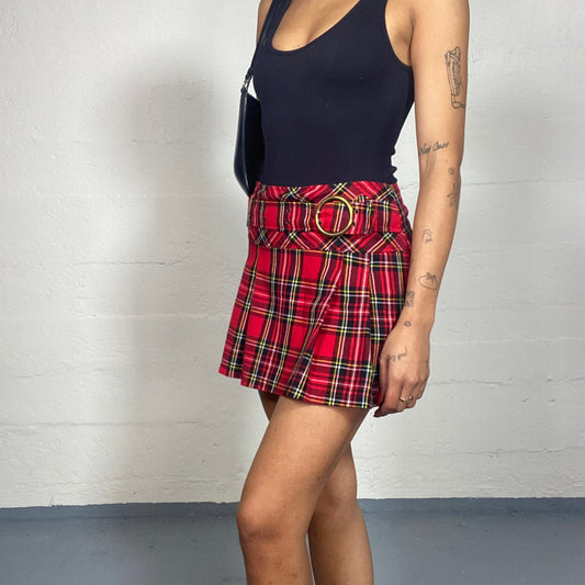 Vintage 90's Clueless Red Checkered Mini Skirt with Belt Detail (S)