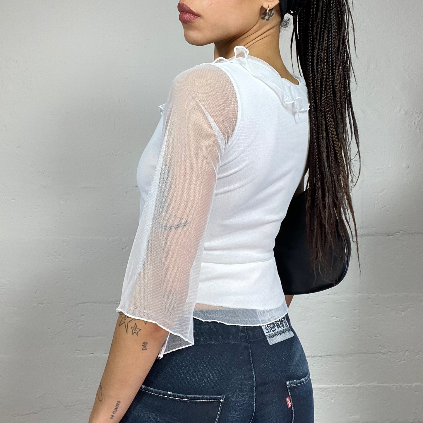Vintage 2000's Soft Girl White Mesh Angel Longsleeves Top with Frilled Collar Detail (S)