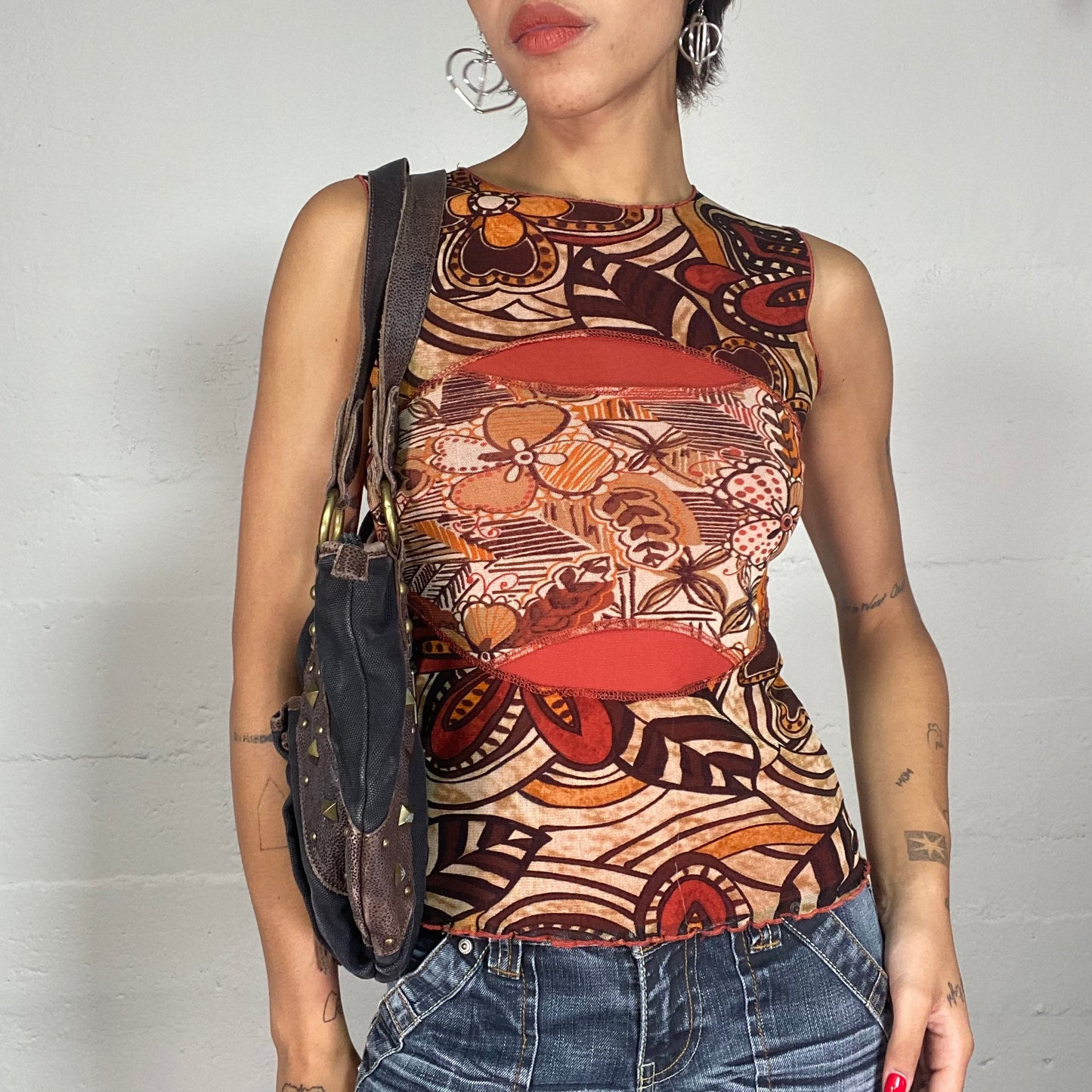 Vintage 90's Boho Orange High Neck Top with Leaf Print (S)