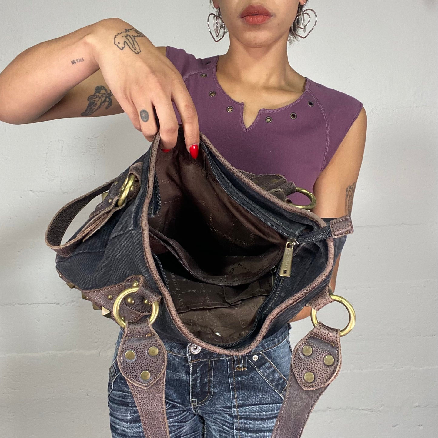 Vintage 90's Classic Black Shoulder Bag with Brown Leather Trim Detail