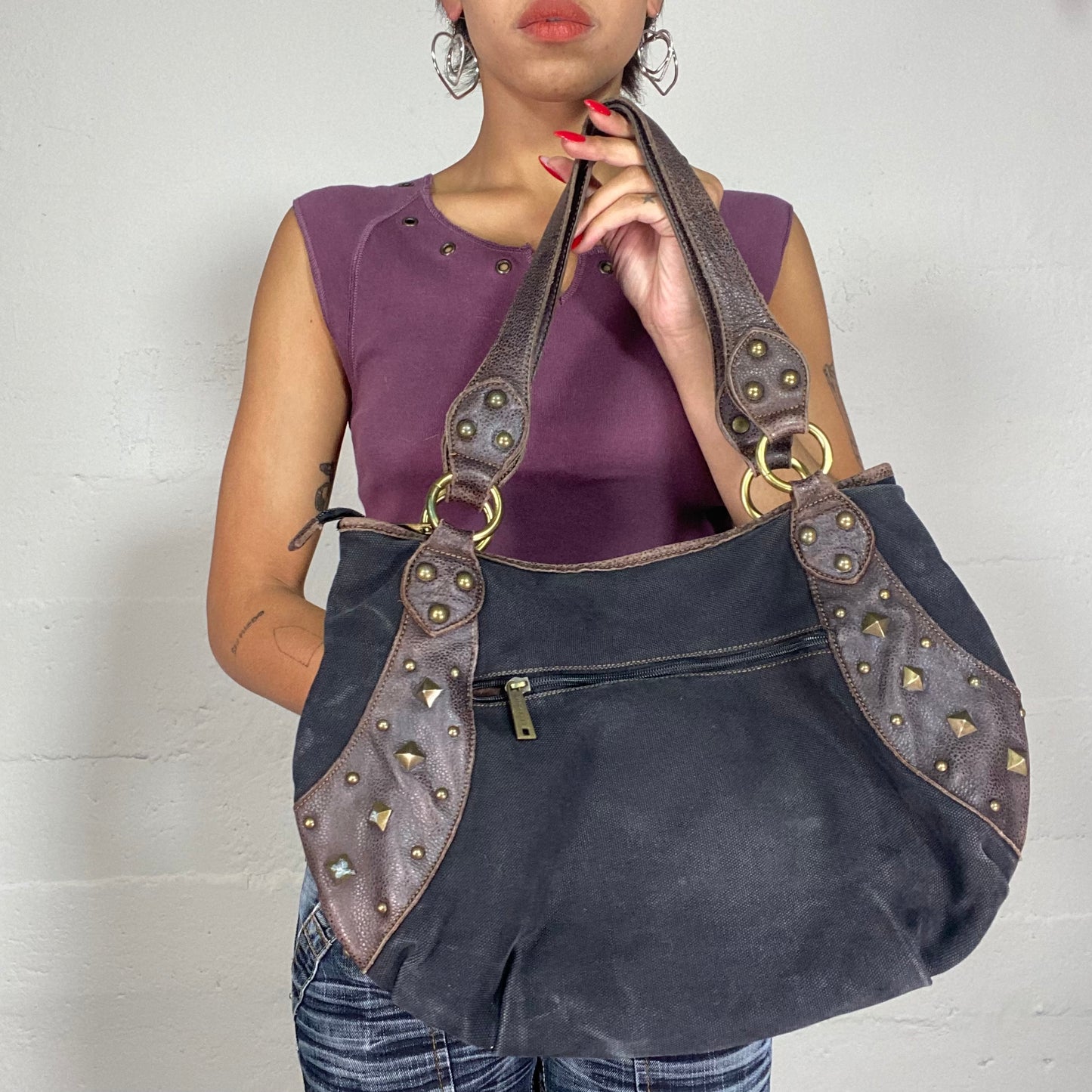 Vintage 90's Classic Black Shoulder Bag with Brown Leather Trim Detail