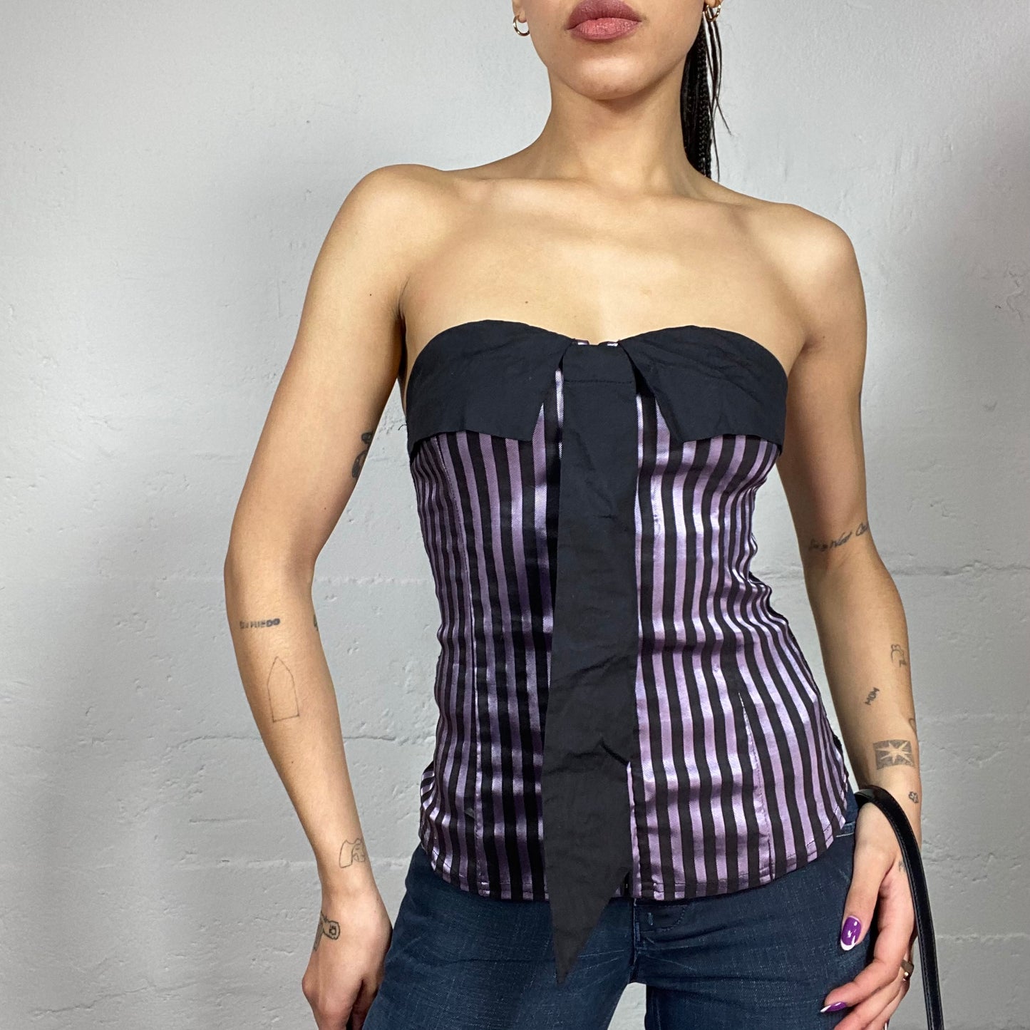 Vintage 2000's Sleaze Black Strapless Top with Pink Stripes Print (S)