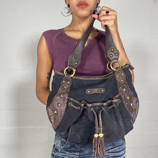 Vintage 90's Classic Black Shoulder Bag with Brown Leather Trim Detail