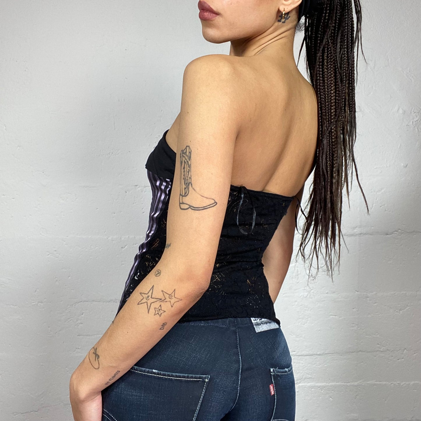 Vintage 2000's Sleaze Black Strapless Top with Pink Stripes Print (S)