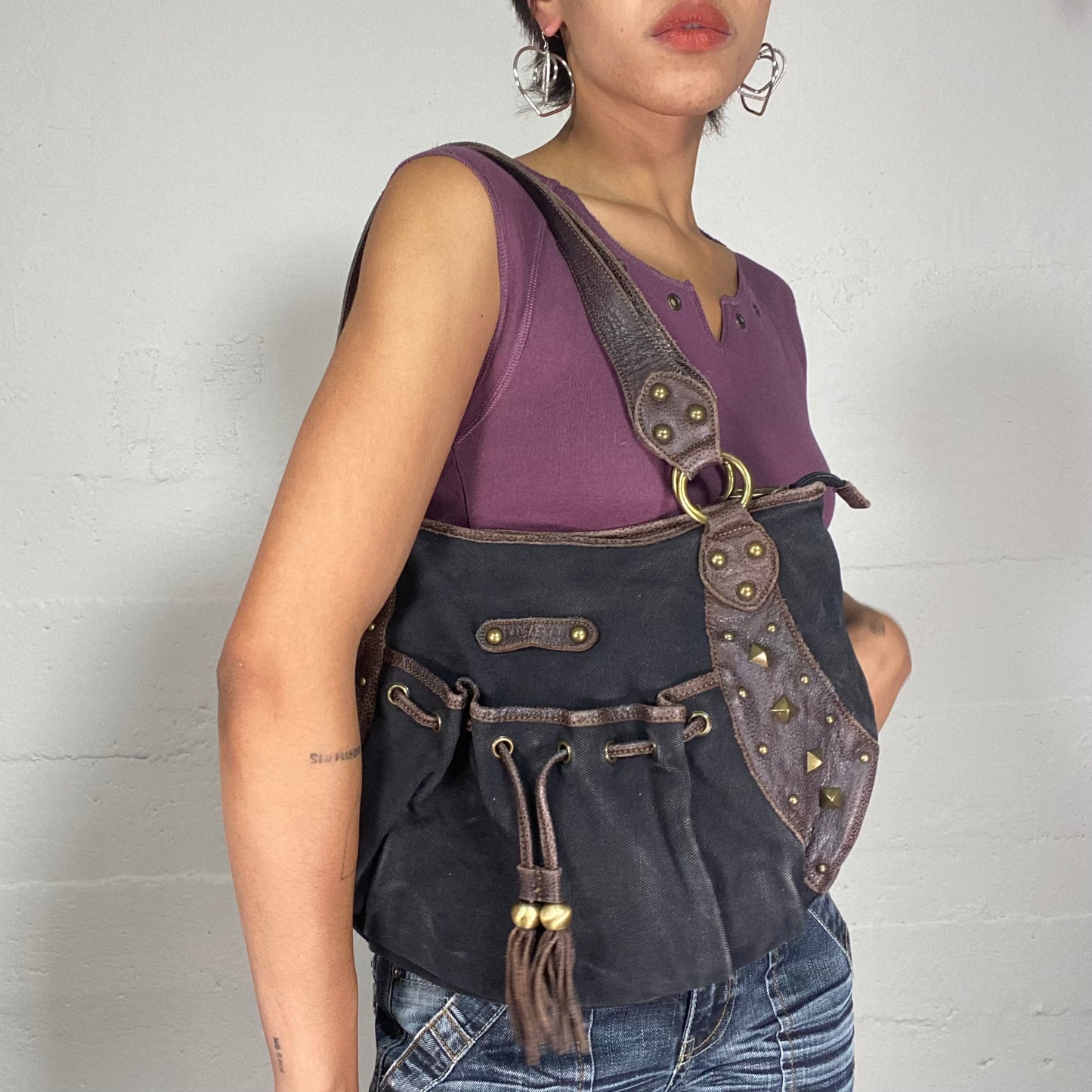 Vintage 90's Classic Black Shoulder Bag with Brown Leather Trim Detail