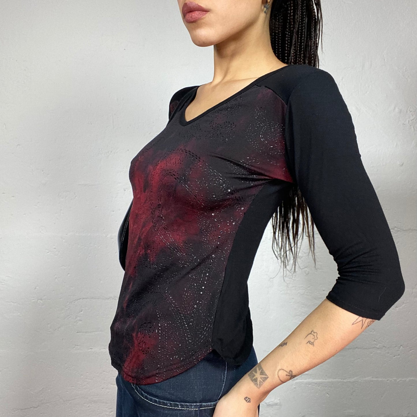 Vintage 90's Vamp Goth Black Longsleeve Top with Red Tie Dye Print (S)