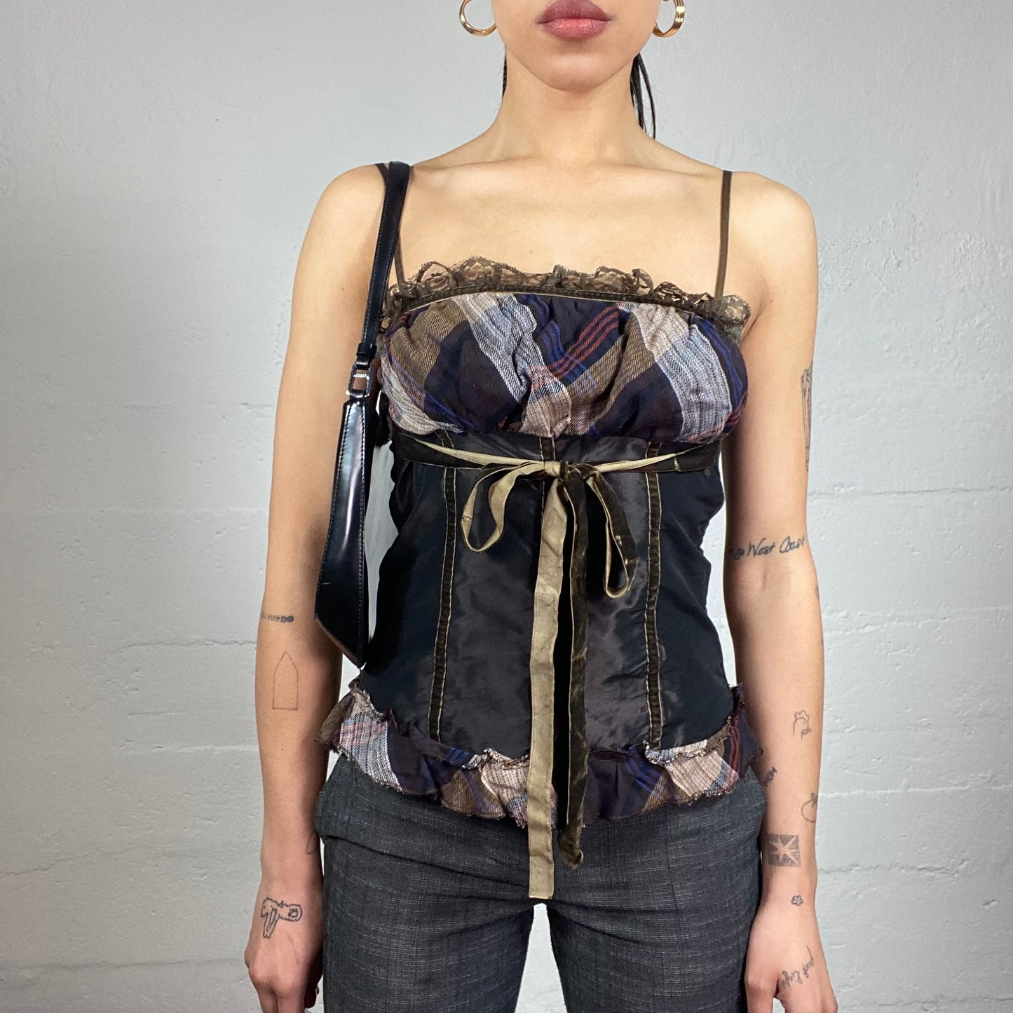 Vintage 90's Grunge Girl Tartan Patched Corset Top with Deconstructed Cut (S/M)