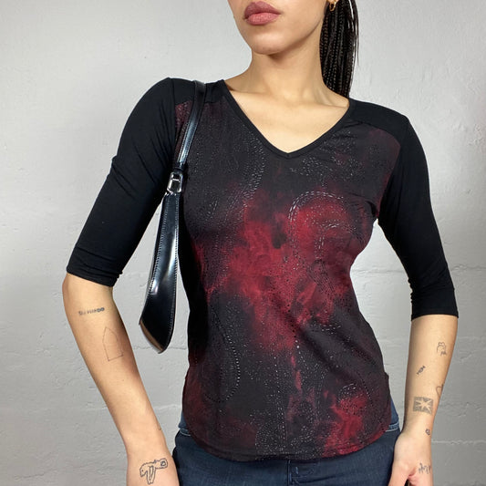 Vintage 90's Vamp Goth Black Longsleeve Top with Red Tie Dye Print (S)