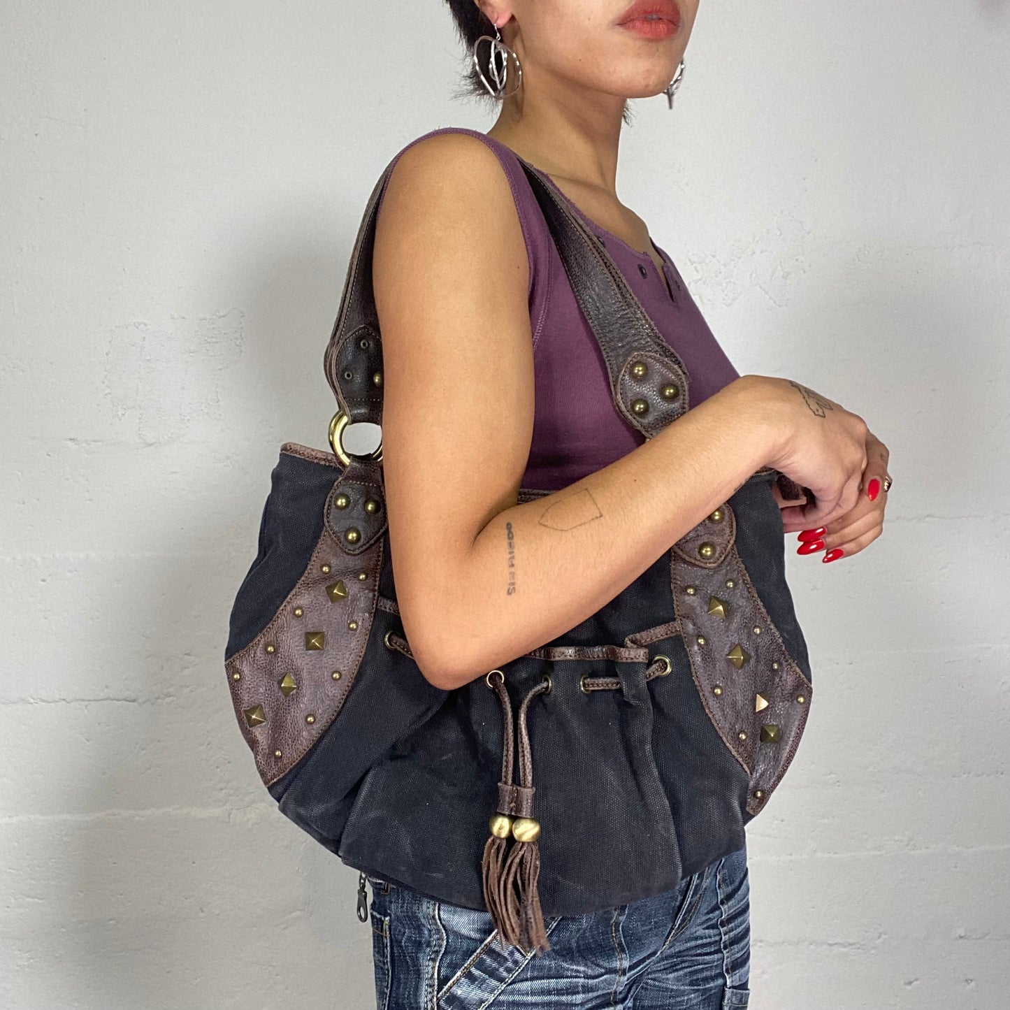 Vintage 90's Classic Black Shoulder Bag with Brown Leather Trim Detail