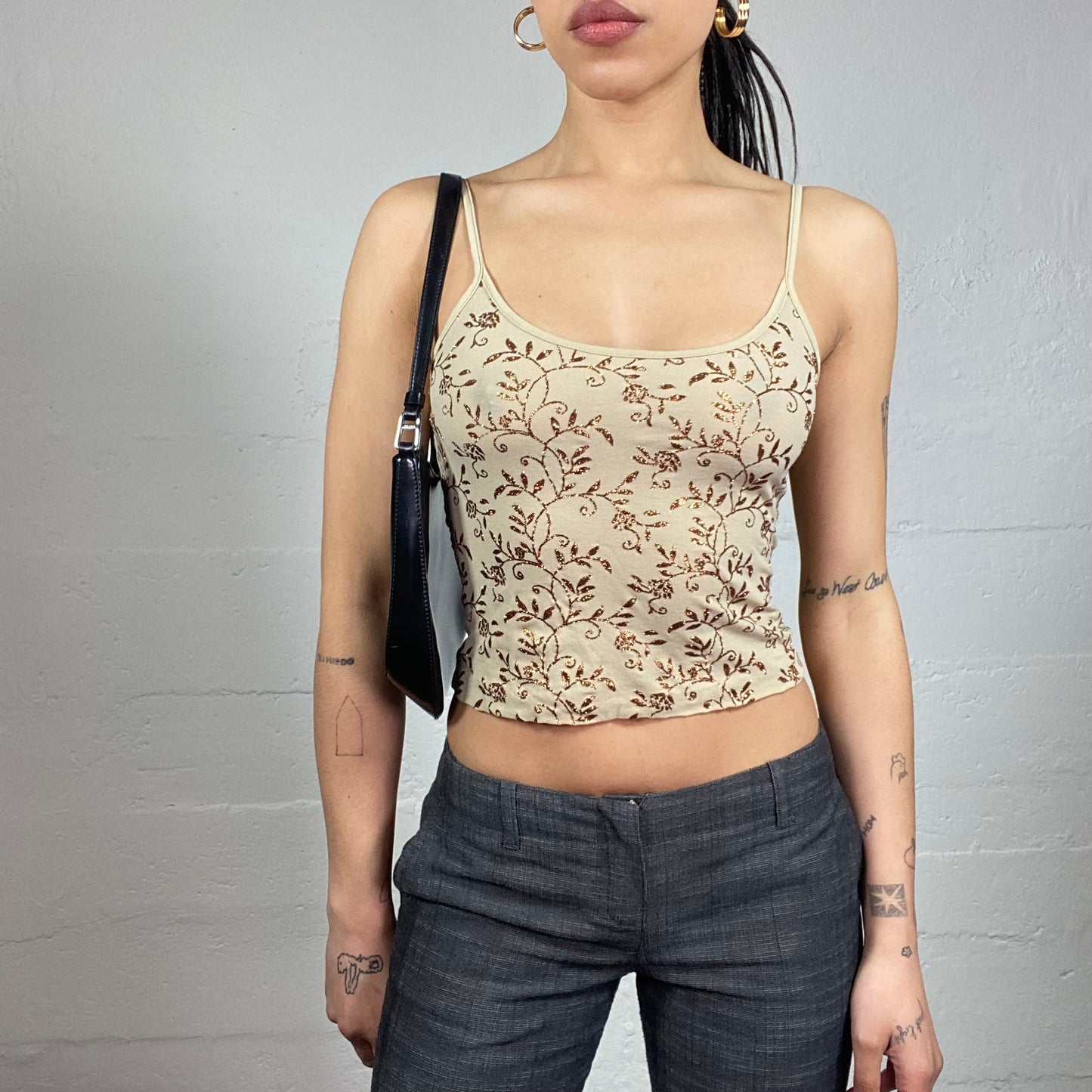 Vintage 90's Romantic Beige Cropped Top with Glitter Elaborated Floral Theme (S)