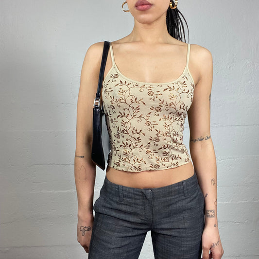 Vintage 90's Romantic Beige Cropped Top with Glitter Elaborated Floral Theme (S)