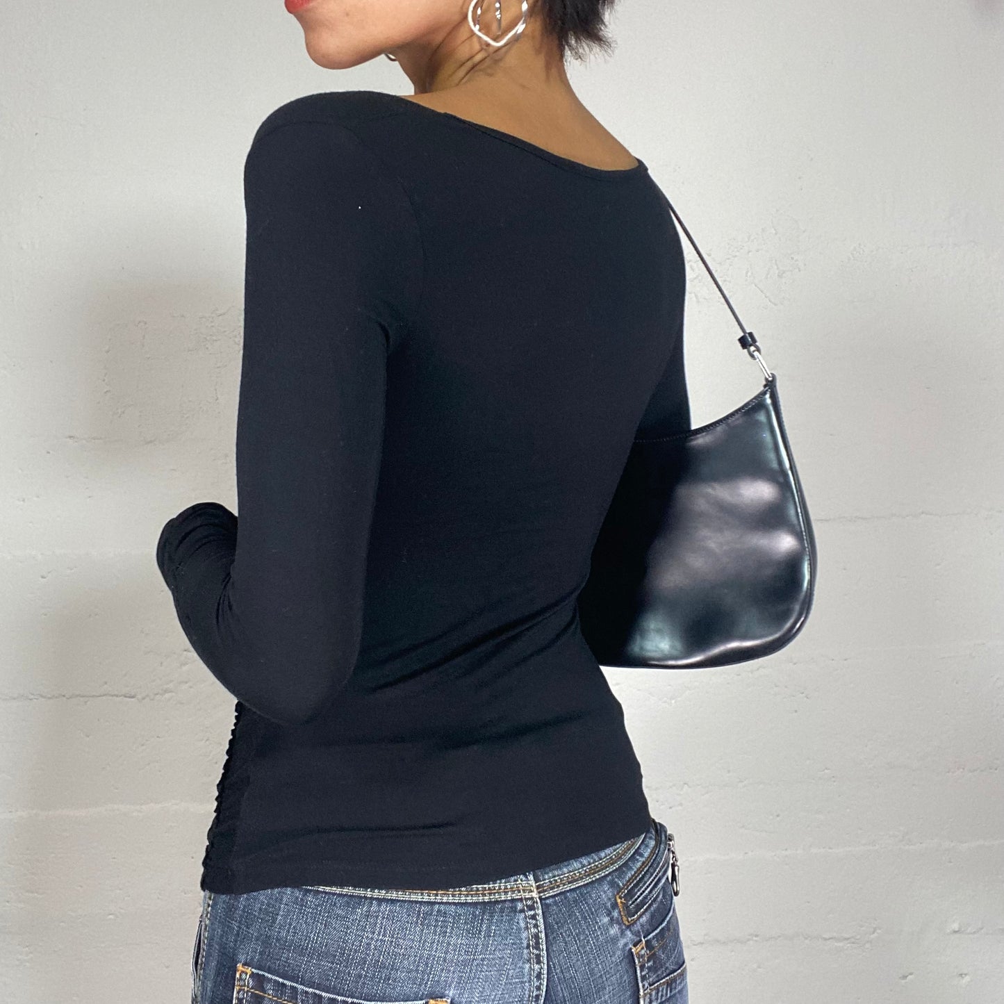 Vintage 2000's Downtown Girl Black Longsleeve Top with Double Ruffle Seam Detail (S)