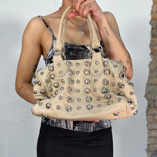 Vintage 2000's Sleaze Creme White Hand Bag with Round Silver Studs