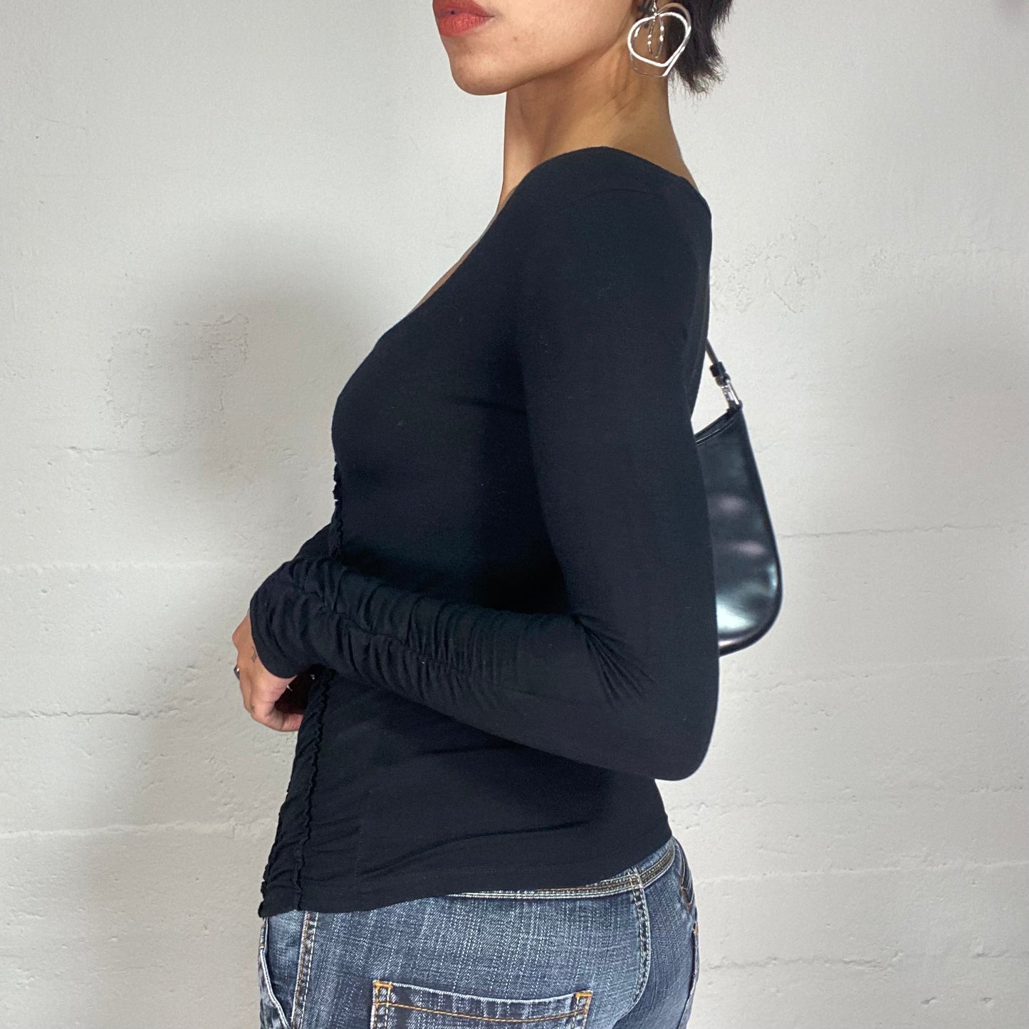 Vintage 2000's Downtown Girl Black Longsleeve Top with Double Ruffle Seam Detail (S)