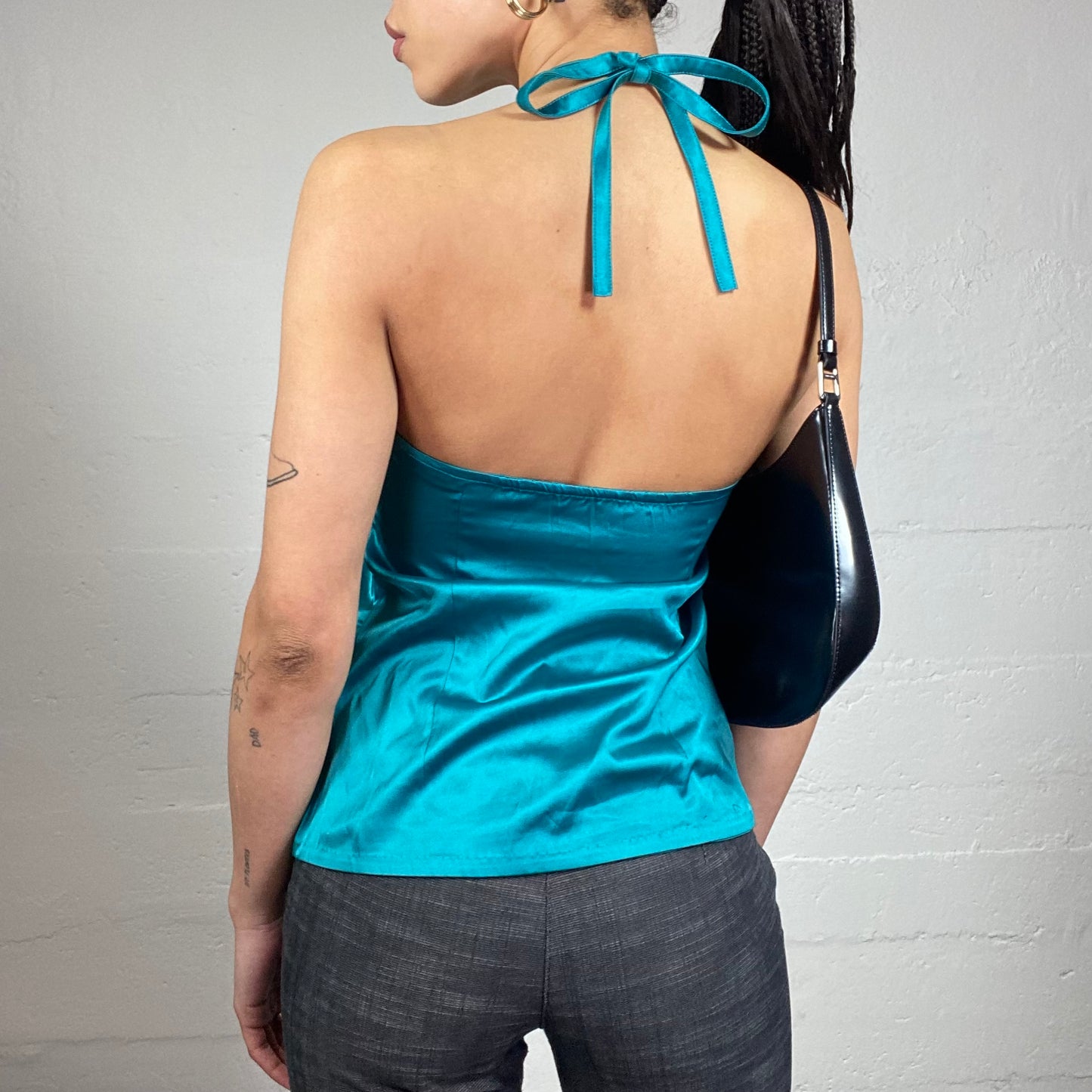 Vintage 2000's Desperate Housewives Green Neckholder Top with Satin Material and Nacre Detail (S)
