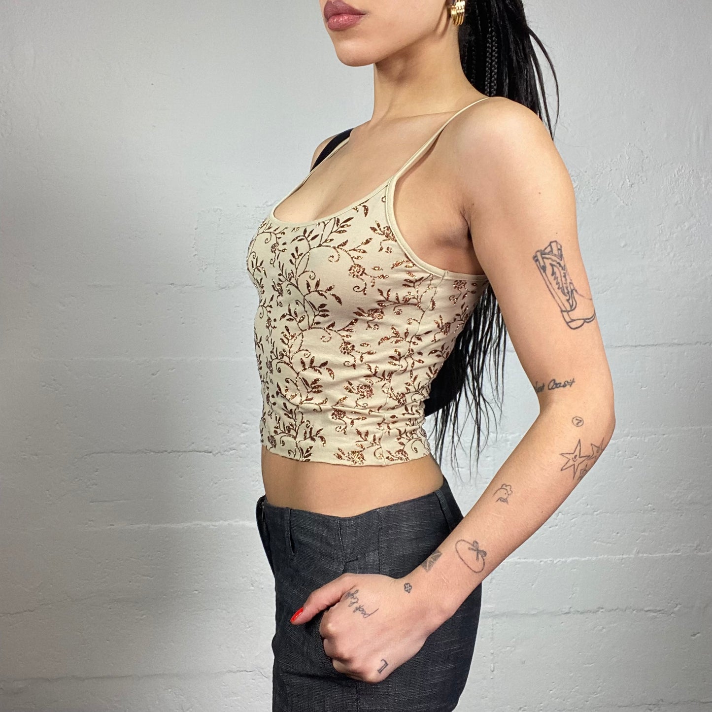 Vintage 90's Romantic Beige Cropped Top with Glitter Elaborated Floral Theme (S)