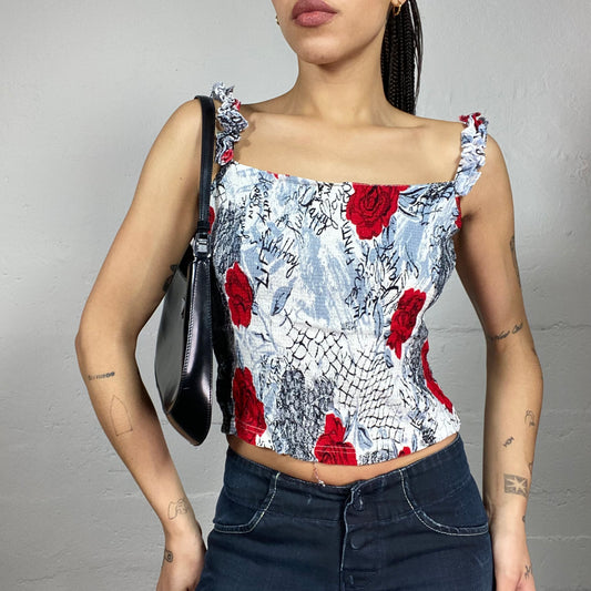Vintage 90's Romantic Girl Grey Top with Red Roses Floral Print (S)