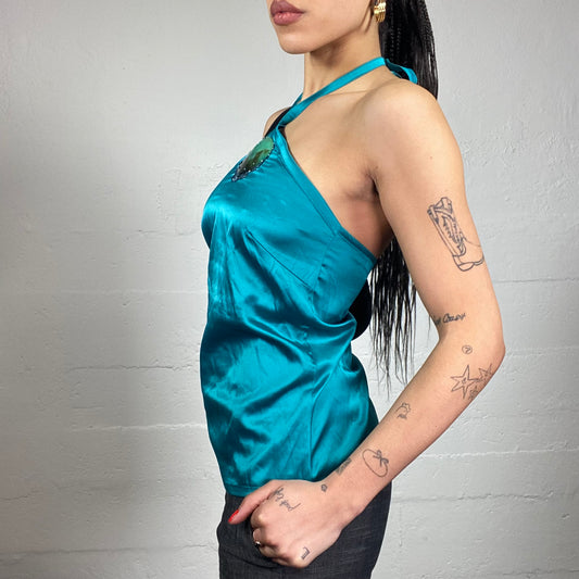 Vintage 2000's Desperate Housewives Green Neckholder Top with Satin Material and Nacre Detail (S)