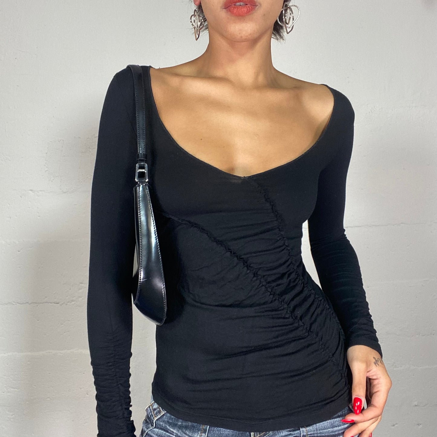 Vintage 2000's Downtown Girl Black Longsleeve Top with Double Ruffle Seam Detail (S)