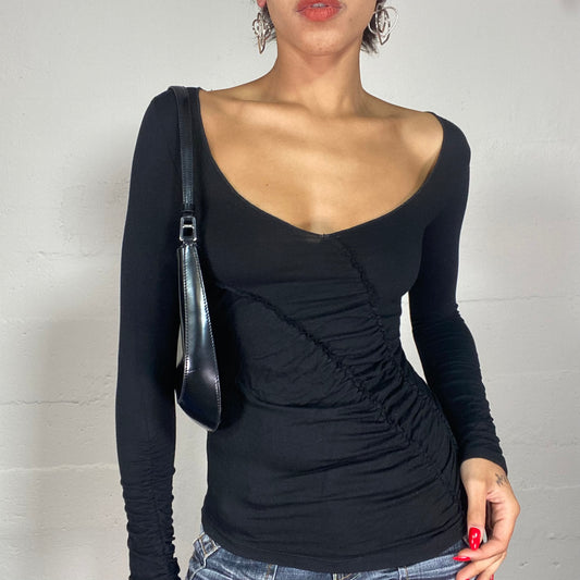 Vintage 2000's Downtown Girl Black Longsleeve Top with Double Ruffle Seam Detail (S)