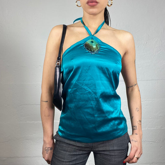 Vintage 2000's Desperate Housewives Green Neckholder Top with Satin Material and Nacre Detail (S)
