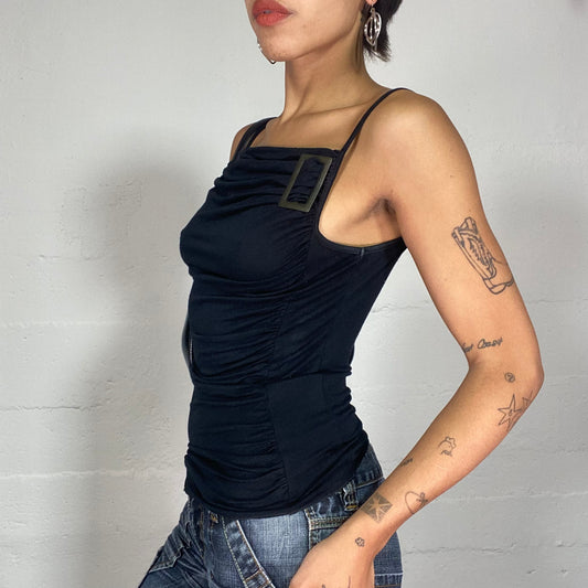 Vintage 2000's Clubwear Black Drapped Top with Buckle Detail (XS)