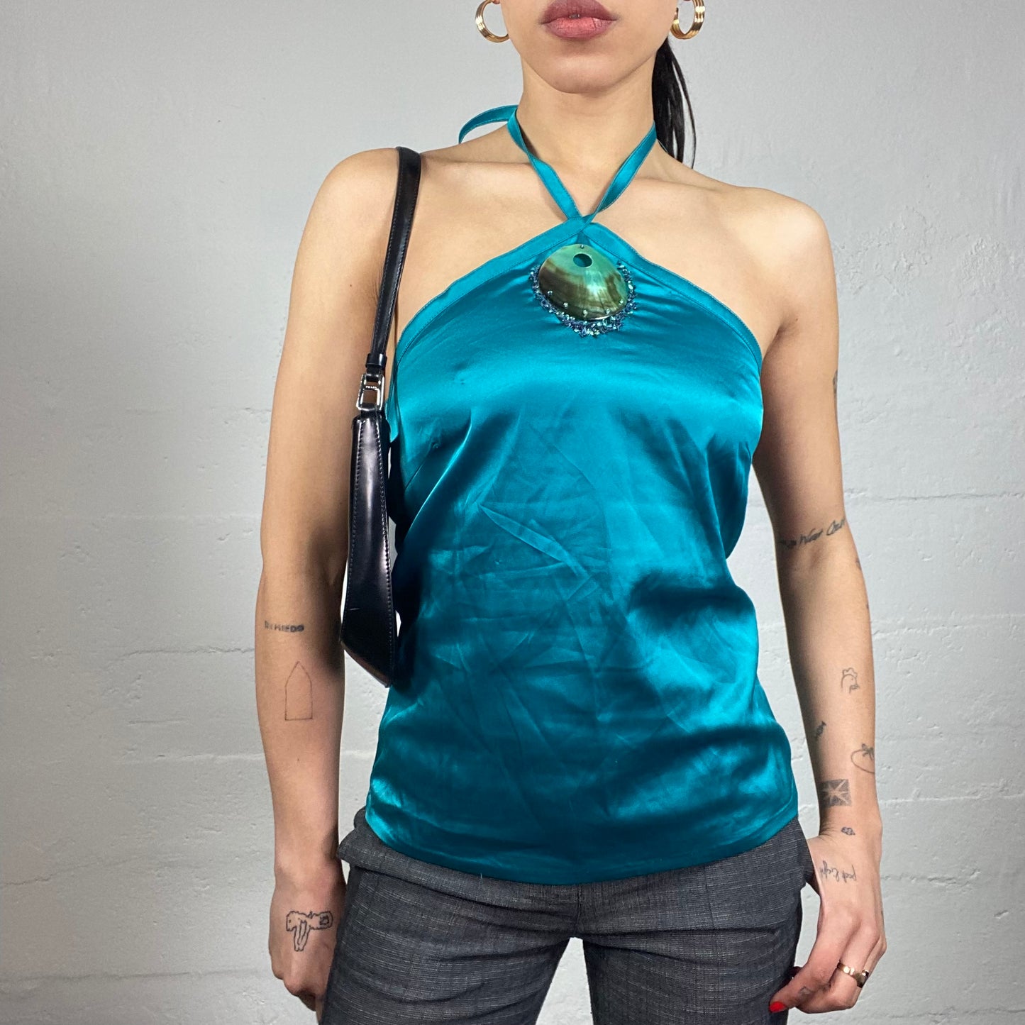 Vintage 2000's Desperate Housewives Green Neckholder Top with Satin Material and Nacre Detail (S)