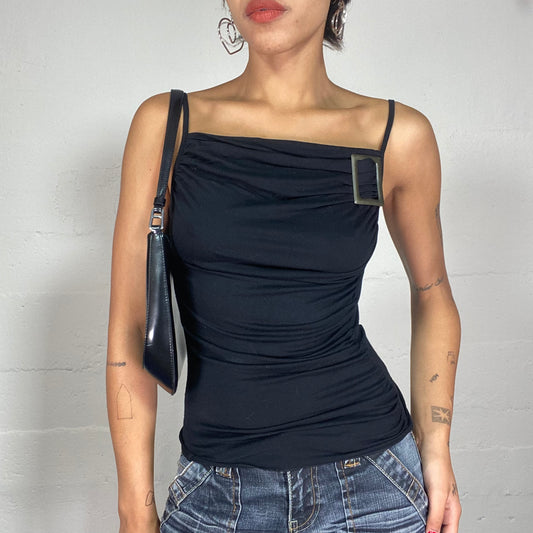 Vintage 2000's Clubwear Black Drapped Top with Buckle Detail (XS)