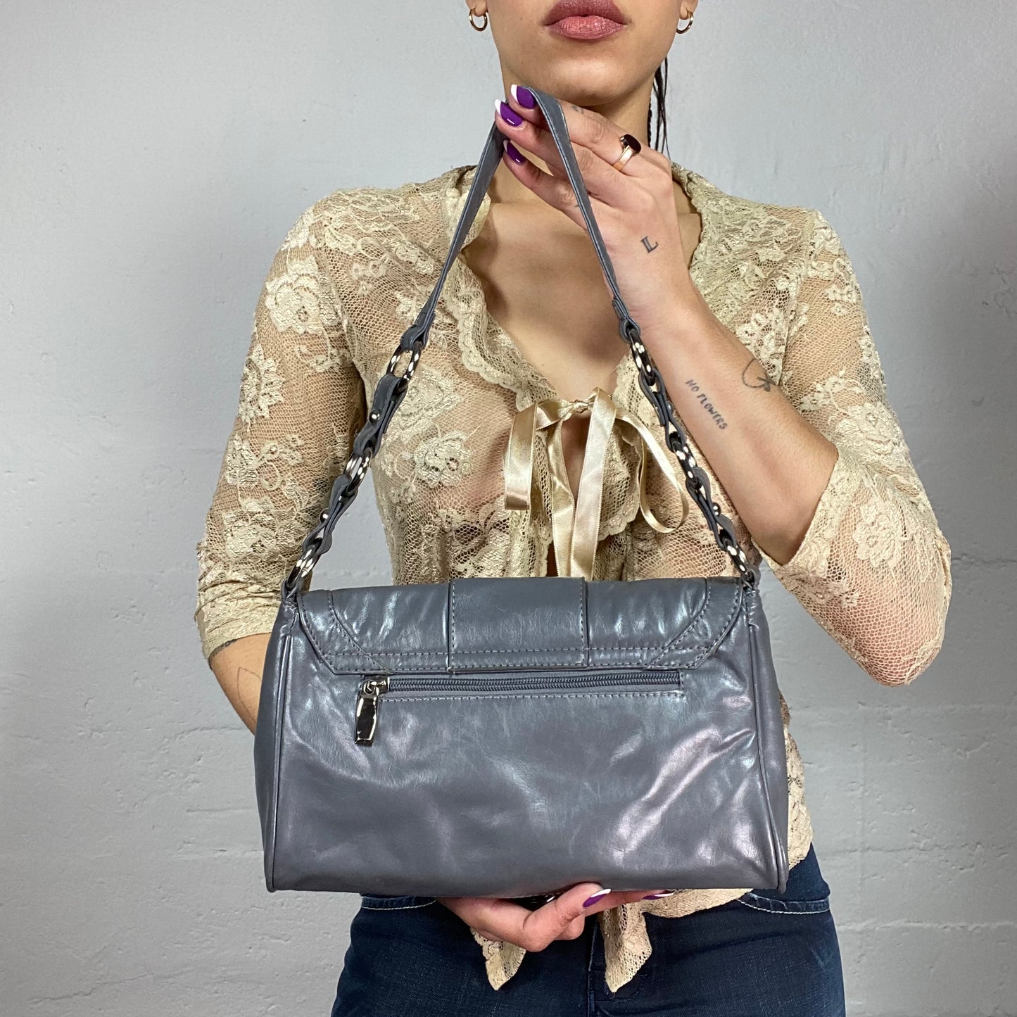 Vintage 2000's Archive Grey Shoulder Bag with Maxi Silver Buckle Detail