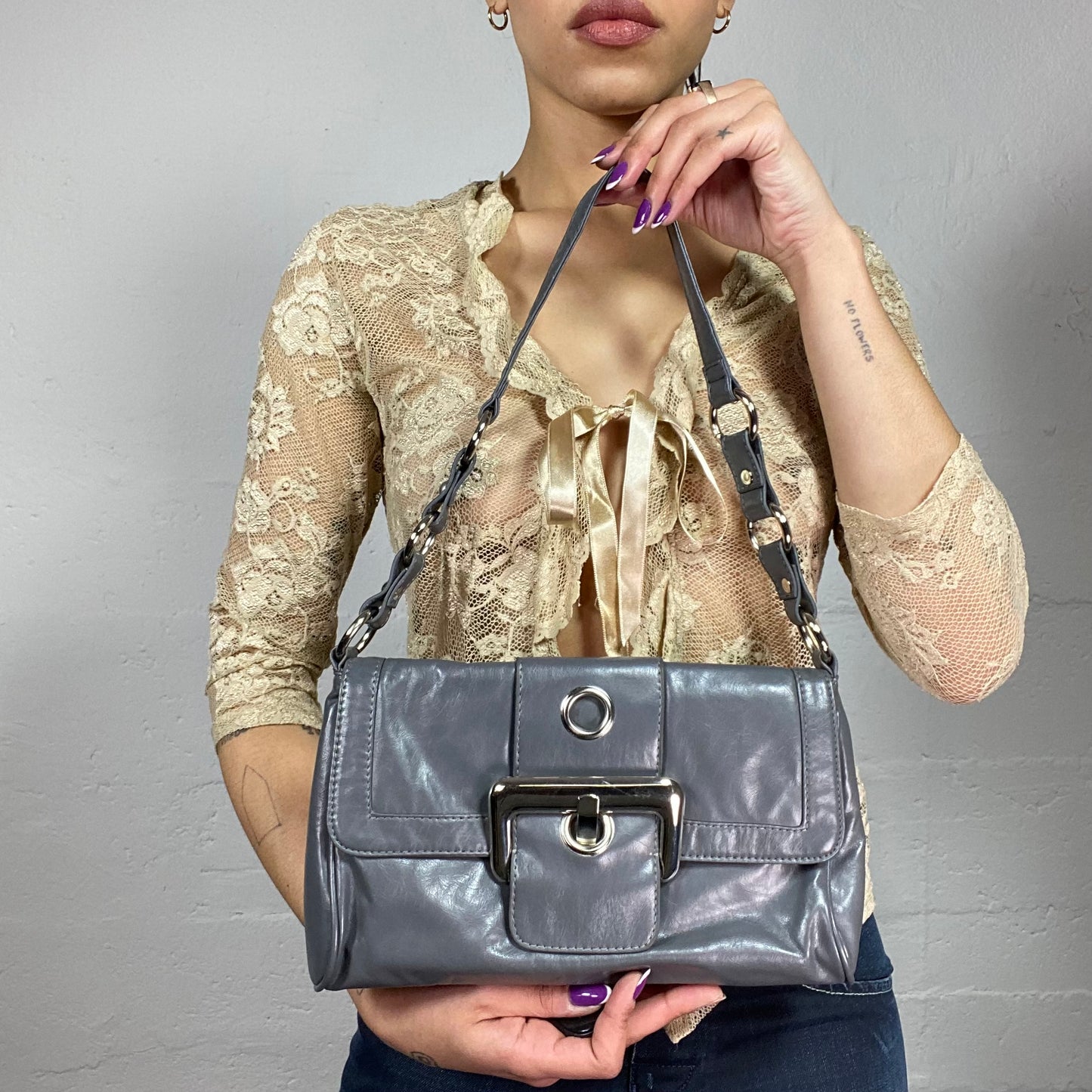 Vintage 2000's Archive Grey Shoulder Bag with Maxi Silver Buckle Detail