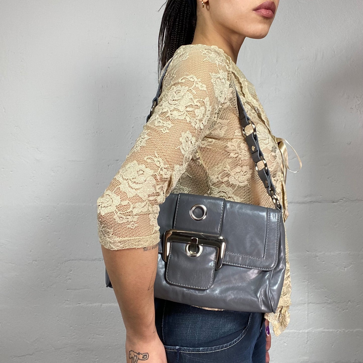 Vintage 2000's Archive Grey Shoulder Bag with Maxi Silver Buckle Detail