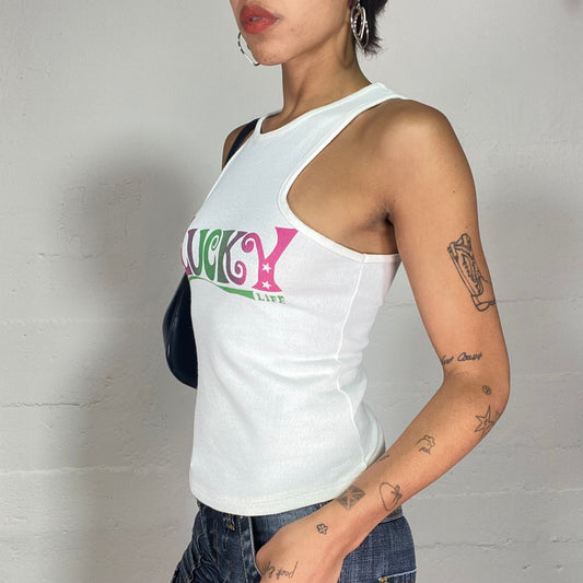 Vintage 2000's Sleaze White Top with "My Lucky" Fuchsia and Green Print (S)
