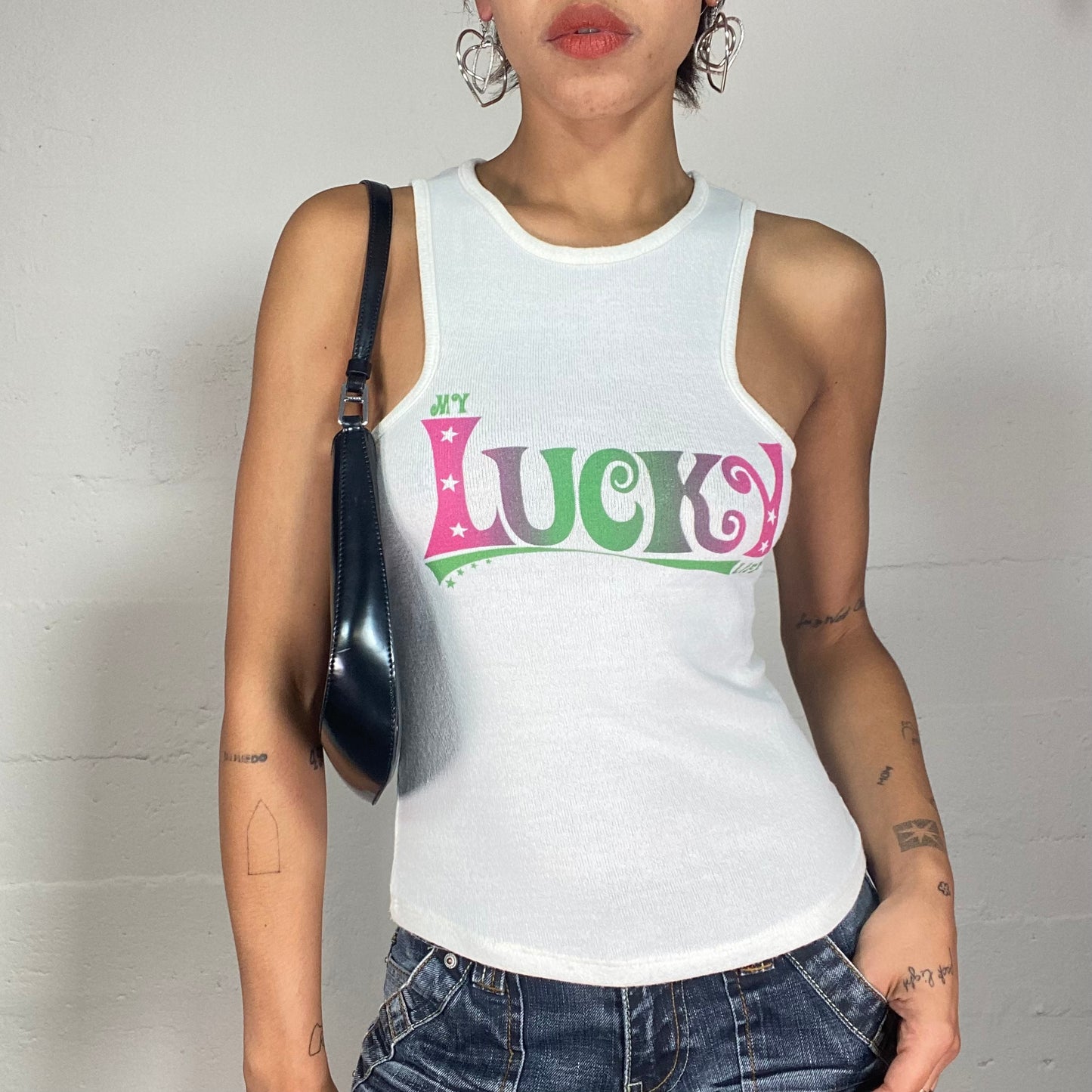 Vintage 2000's Sleaze White Top with "My Lucky" Fuchsia and Green Print (S)
