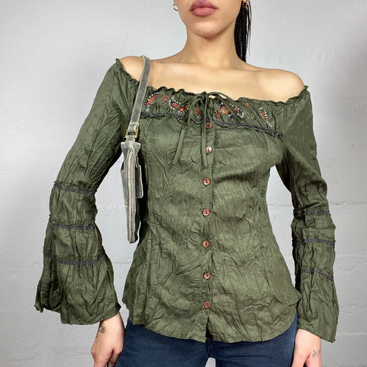 Vintage 2000's Boho Girl Khaki Off Shoulder Top with Brown Decorative Paisley Beads Detail (M)