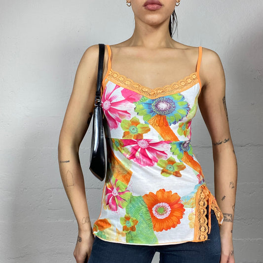 Vintage 2000's Festival Girl White Top with Multi Colour Floral Print (S)
