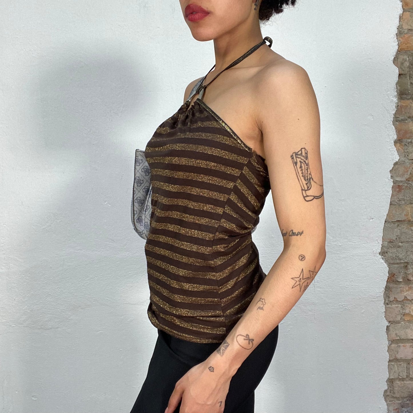 Vintage 2000's Downtown Girl Brown and Gold Striped Halter Neck Top with Ring Detail (S/M)