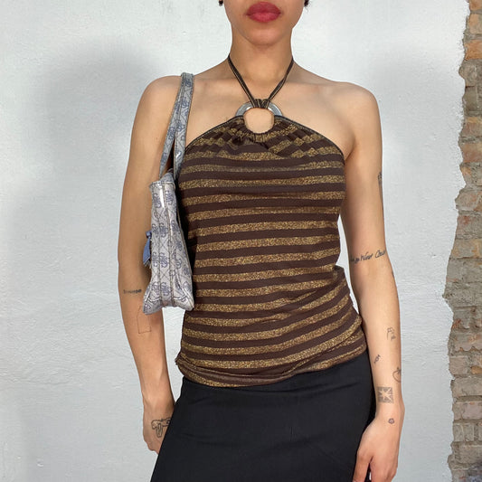 Vintage 2000's Downtown Girl Brown and Gold Striped Halter Neck Top with Ring Detail (S/M)