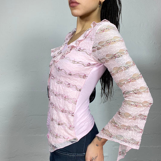 Vintage 2000's Coquette Girl Pink Mesh Longsleeve Top with Frilled Detail (S)