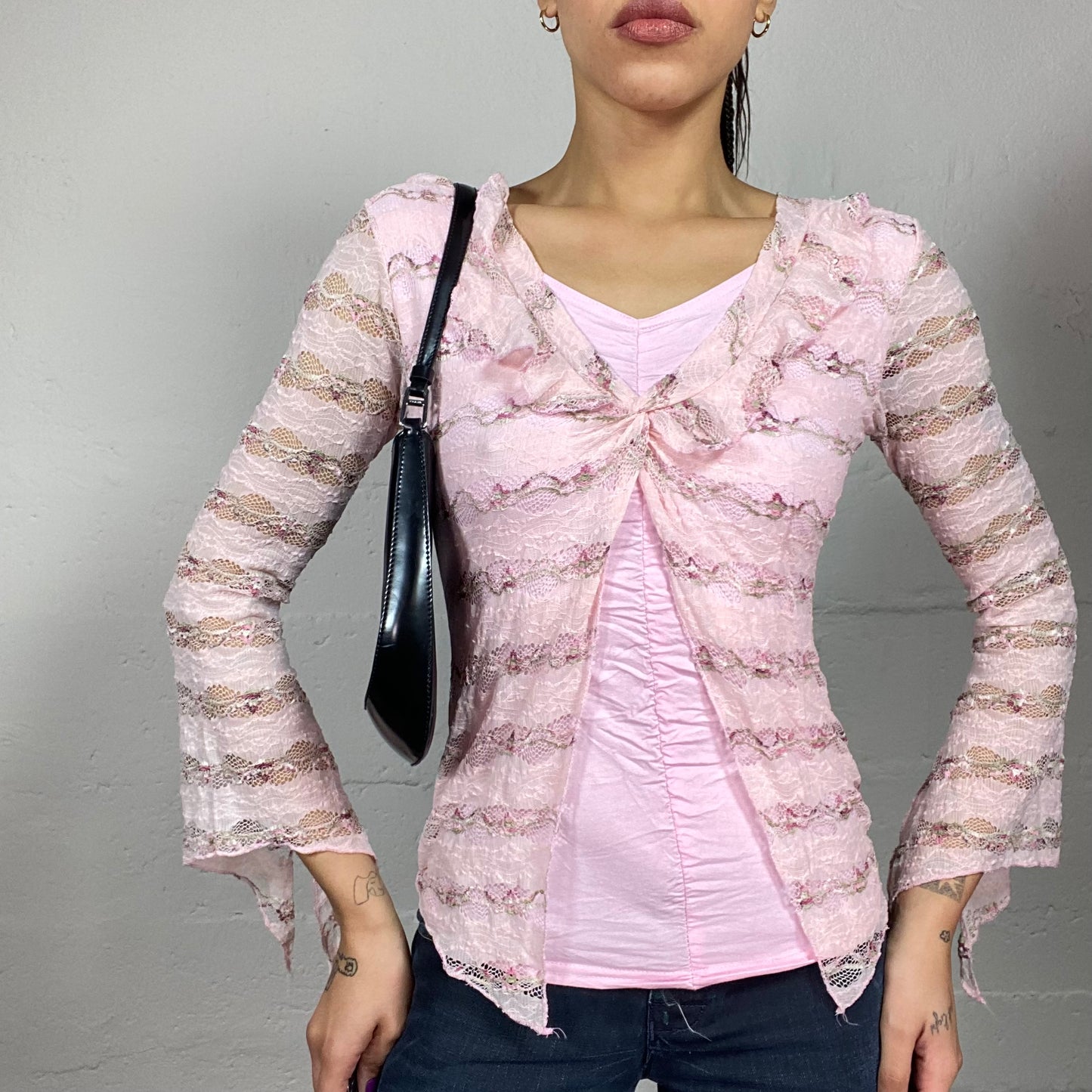 Vintage 2000's Coquette Girl Pink Mesh Longsleeve Top with Frilled Detail (S)