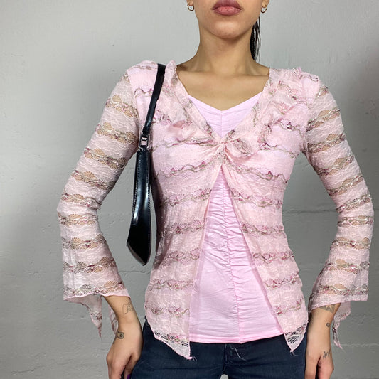 Vintage 2000's Coquette Girl Pink Mesh Longsleeve Top with Frilled Detail (S)