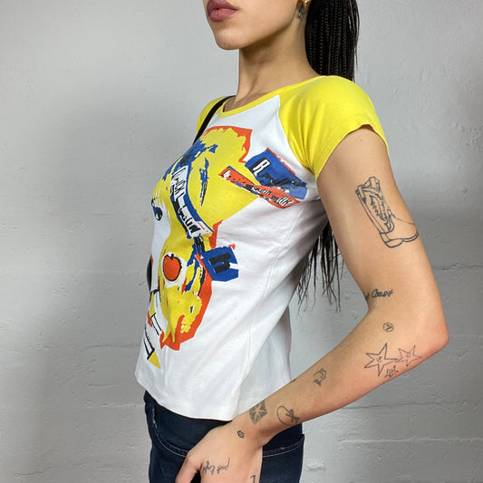 Vintage 2000's Girl Pop Yellow Top with Pop Warhol Style Portrait Print (S)