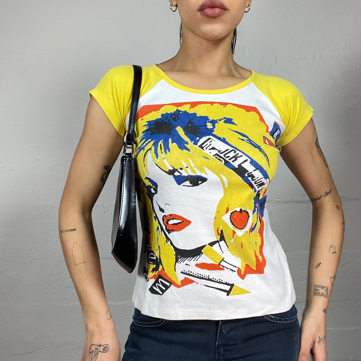 Vintage 2000's Girl Pop Yellow Top with Pop Warhol Style Portrait Print (S)