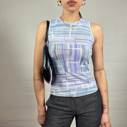 Vintage 90's Funky Blue Top with Glitter Covering and Square Print Theme (S)