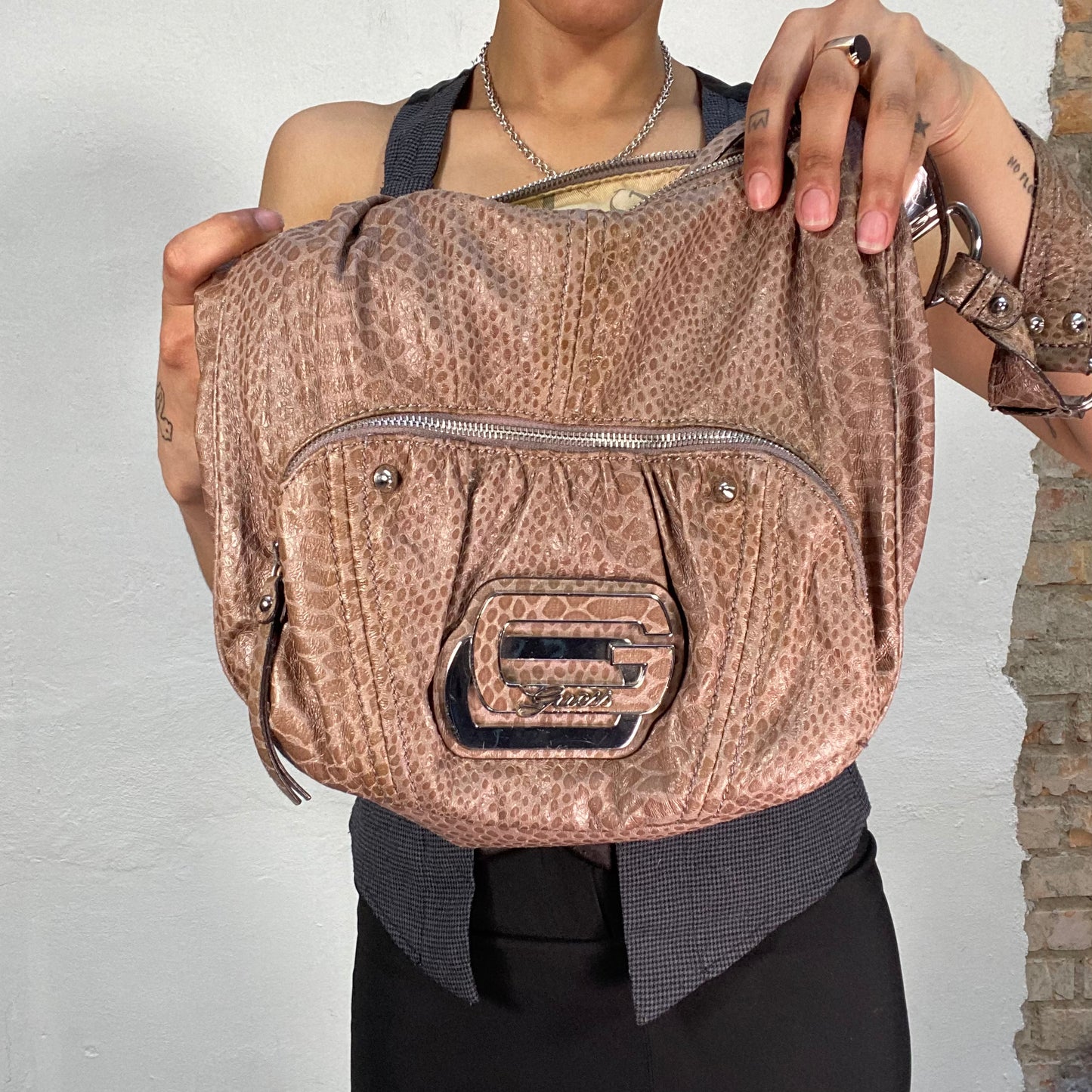 Vintage 2000's Guess Sleaze Brown Crossbody Bag with Snake Skin Look