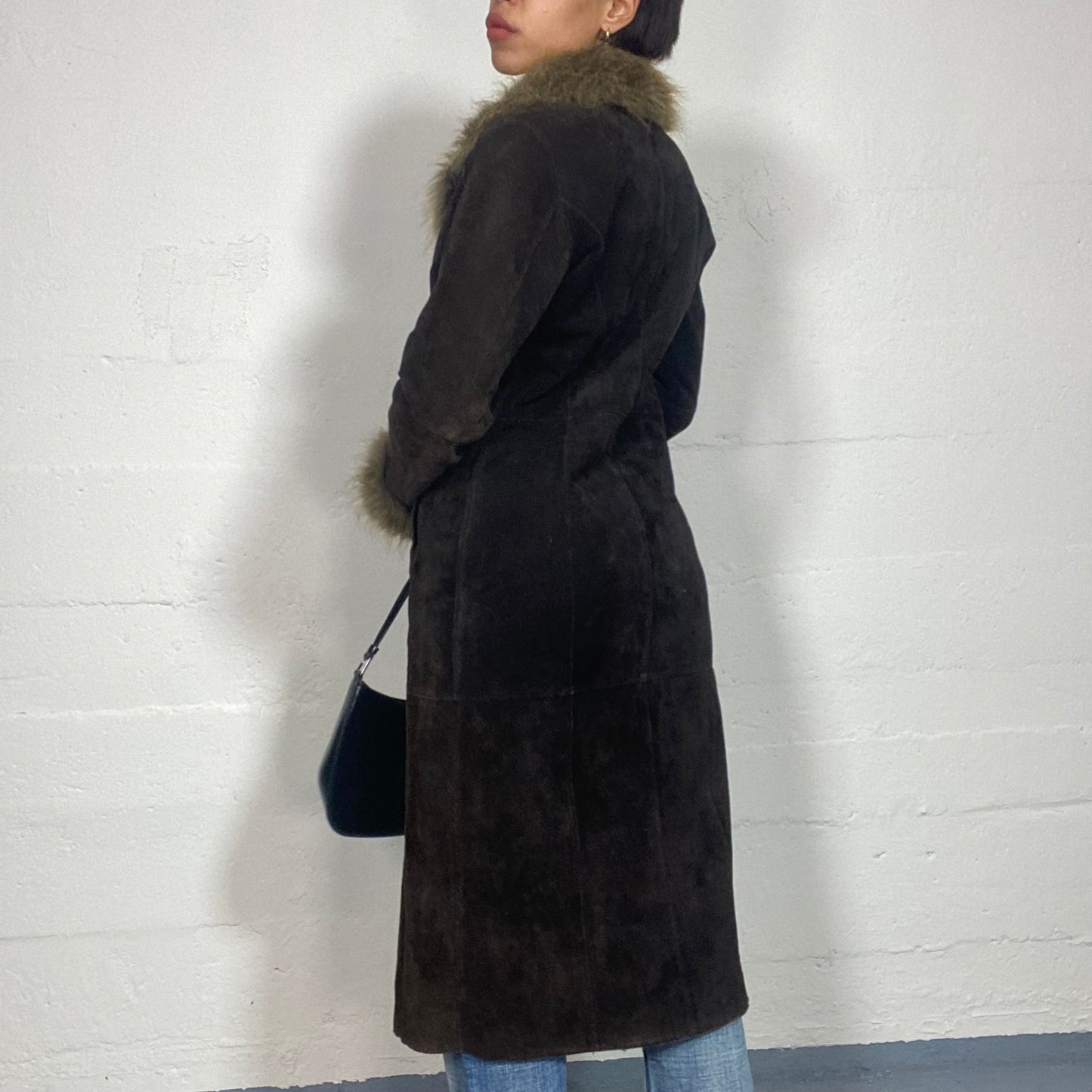 Vintage 2000's Bratz Brown Leather Long Afghan Coat with Fur Collar and Sleeve Details (S)