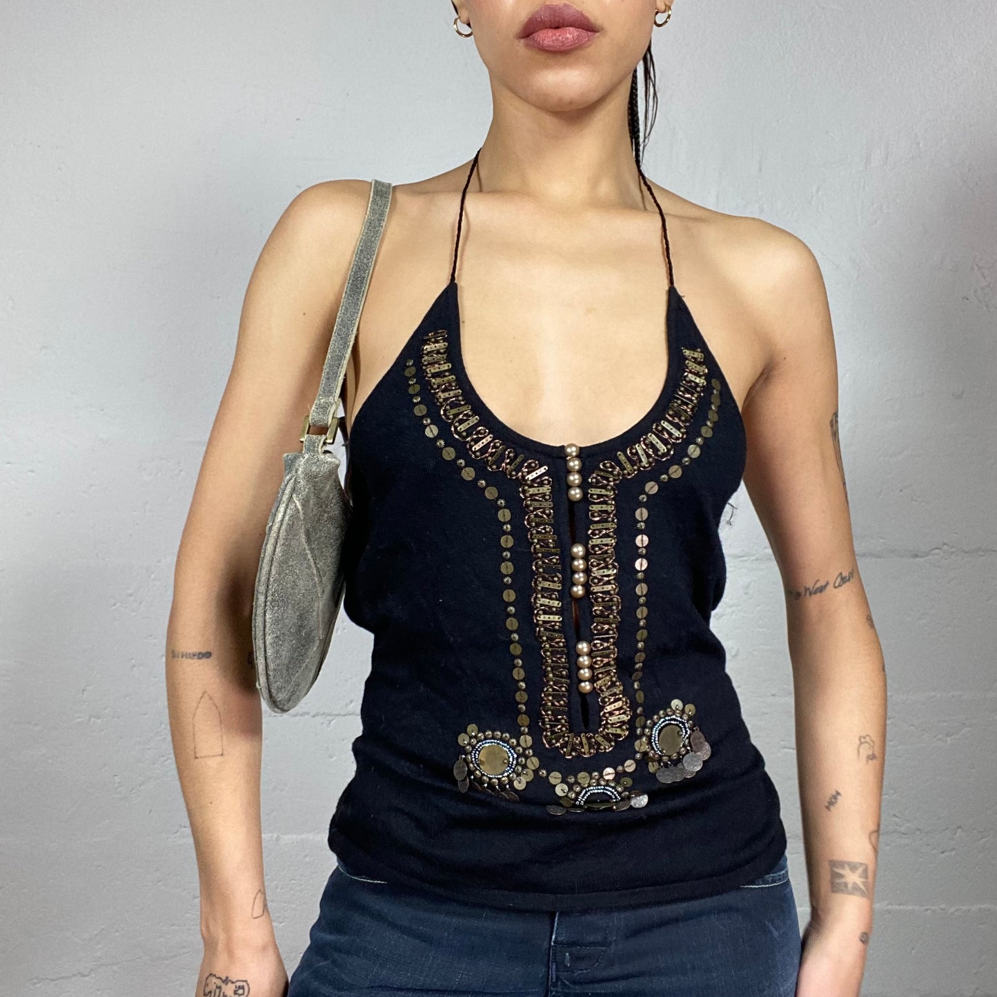 Vintage 2000's Boho Girl Black Top with Brown Decorative Beads and Charms (S/M)