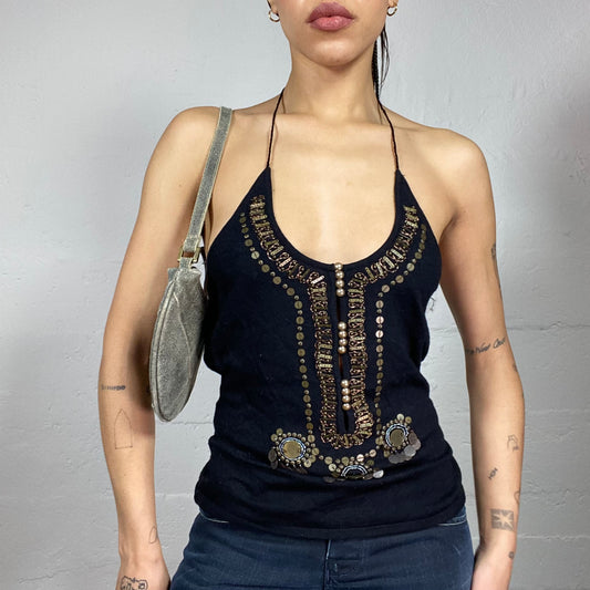 Vintage 2000's Boho Girl Black Top with Brown Decorative Beads and Charms (S/M)