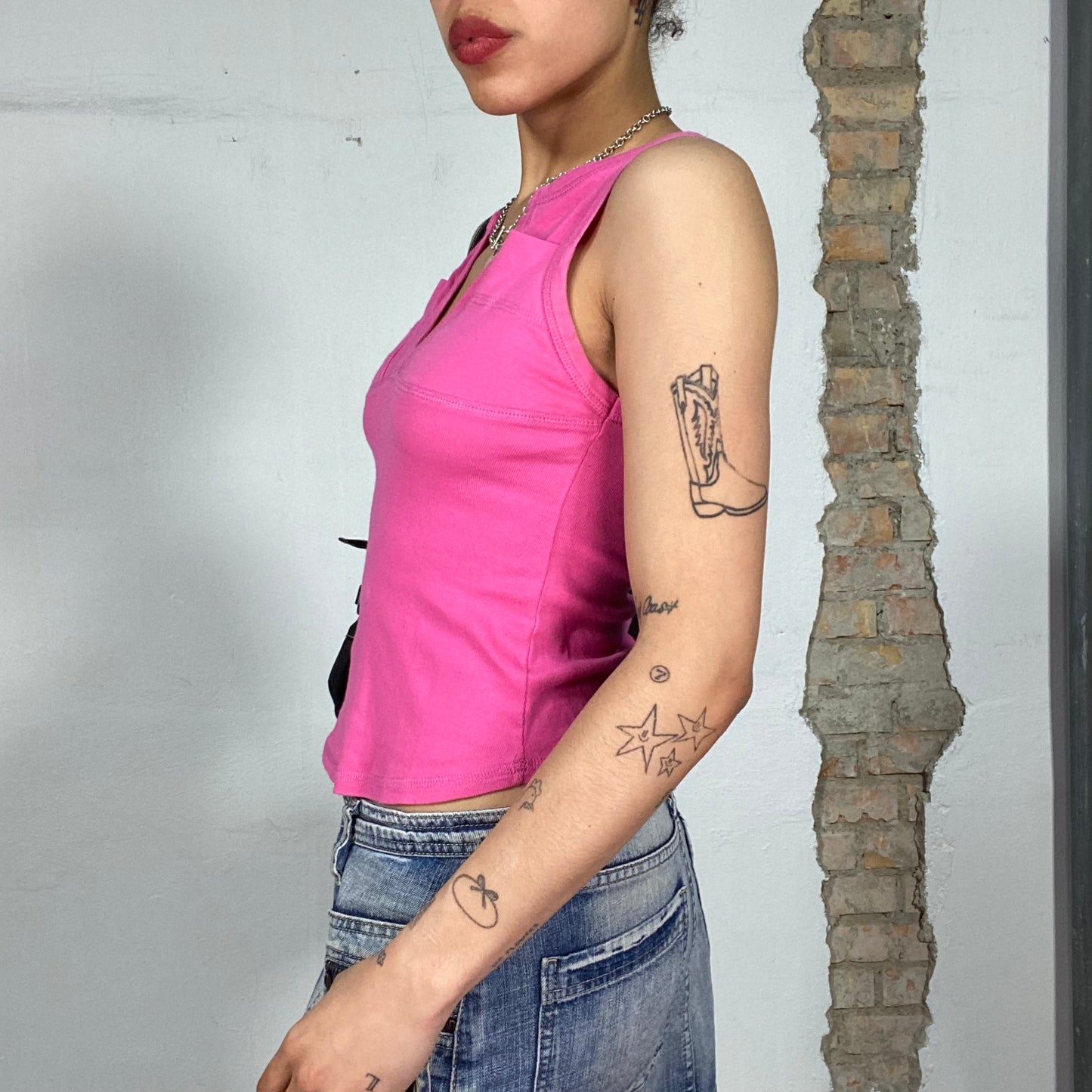 Vintage 2000's Funky Pink Tank Top with Small Pocket Details (S)