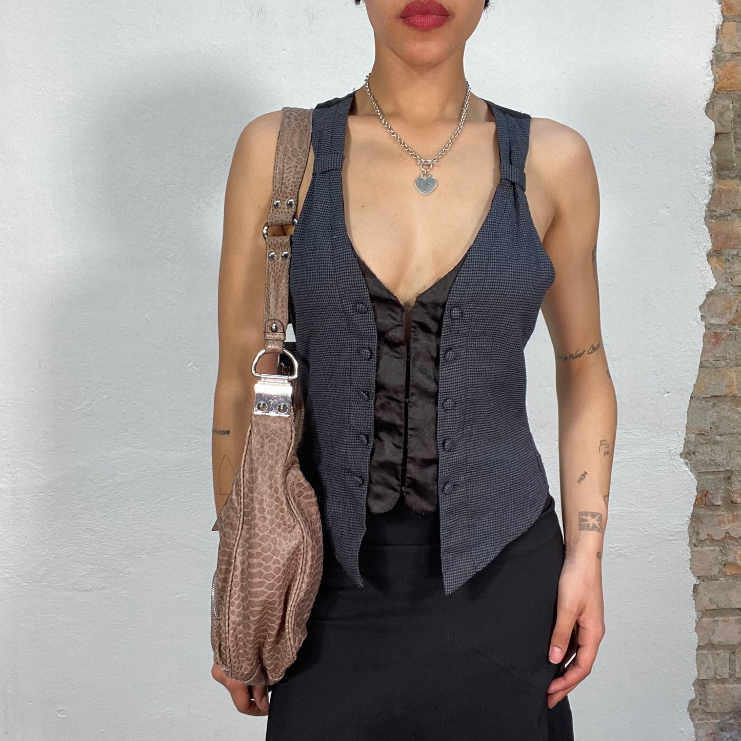 Vintage 2000's Streetstyle Grey Houndstooth Suit Vest with Black Satin Details (S)